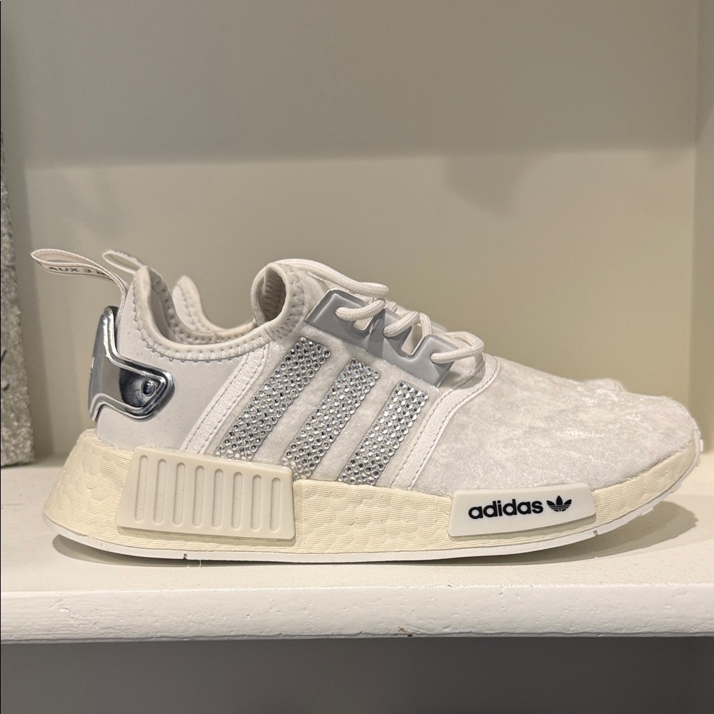 Adidas NMD R1 White Velour, Silver & Chrome Sneakers